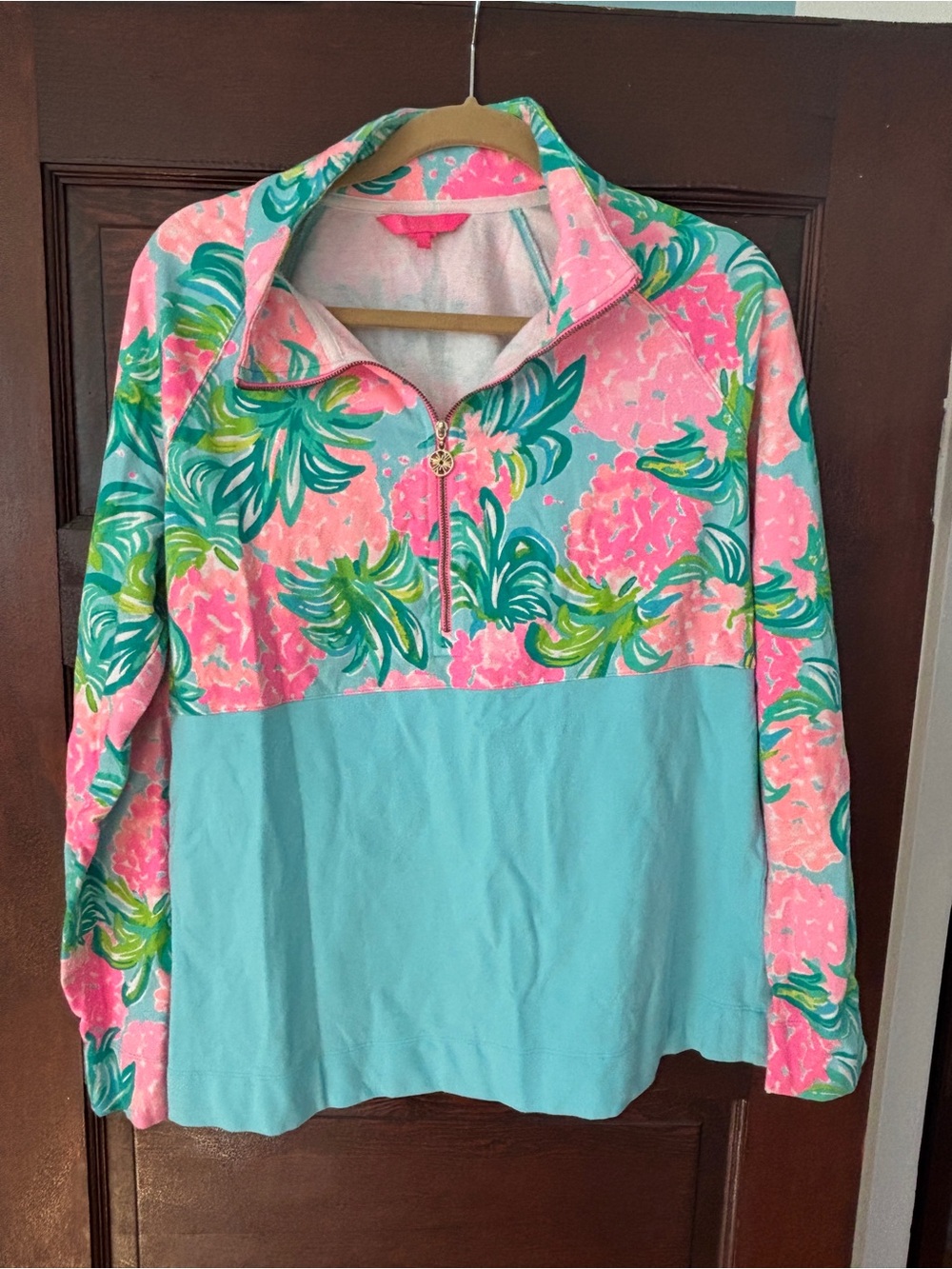 Lilly Pulitzer Pink Floral & Aqua Half-Zip Pullover